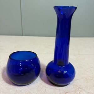 Vtg Cobalt Blue Art Glass Vase & Bowl Set Hand Blown Mid Century‎ Modern Decor